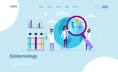 Medicine, Epidemiology Concept. Medical Doctors And Nurses In White Uniform And Protective Masks Analyzing Bacterias, Microbes And Microorganisms In The Laboratory. Flat Style Vector Illustration