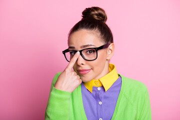 Closeup headshot photo of pretty smart girlish geek girl finger hold glasses dreamy carefree imagining last day school wear glasses colored clothes bright pink color background