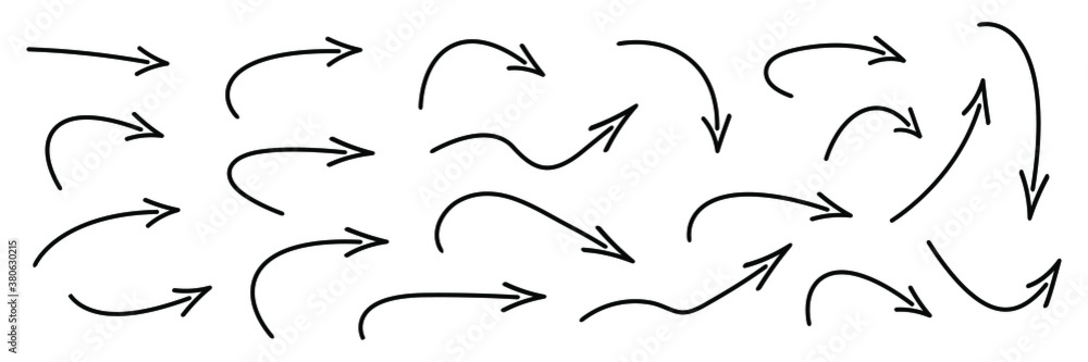 Wall mural hand drawn curved arrows . sketch doodle style. collection of vector pointers.