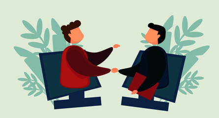 illustration of people buying and selling on the internet, buying and selling transactions, deals, through laptops, computers, etc.