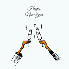 Couple with glasses of champagne. New Year poster design in hand drawn vintage style. Invitation card for Christmas, Vector illustration.
