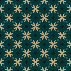 Vector geometric floral pattern. Seamless texture in ethnic style. Abstract ornament with flower shapes, crosses, diamonds, squares. Elegant green and gold background. Simple luxury repeat design