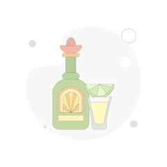 tequila bottle with glass vector flat illustration on white background