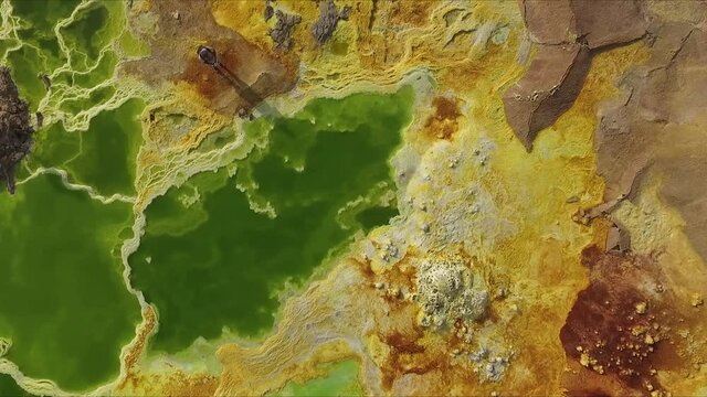 Ethiopia. Flying over abstract patterns of Dallol volcanic crater, surreal natural landscape.