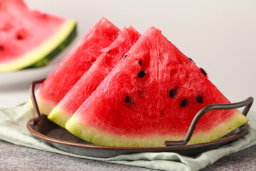 Fresh red watermelon. Watermelon on a light background.Summer fruit snack. Watermelon with mozzarella