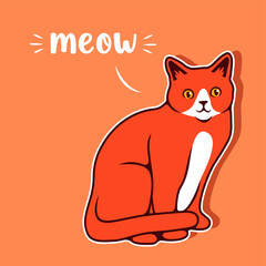 Happy Cute Cat Standing With Meow Text Vector Illustration. - Vector
