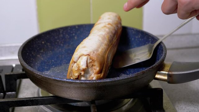 Cooking Meat Shawarma in a Hot Pan Until Crisp. Fry Pita Bread in Kitchen.
