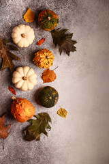 Autumn composition. Leaves and pumpkins. Halloween. The colours of autumn.