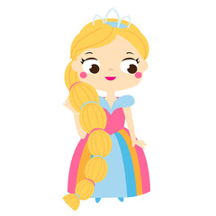 Cartoon girl with long hair in beautiful dress and crown diadem. Cute princess.