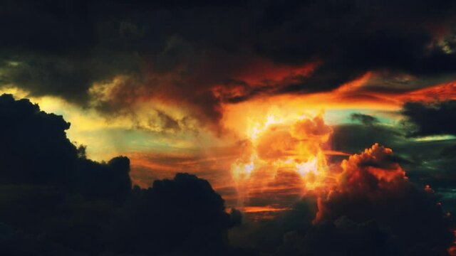 Cumulus clouds, dark and orange clouds with thunderstorms in them