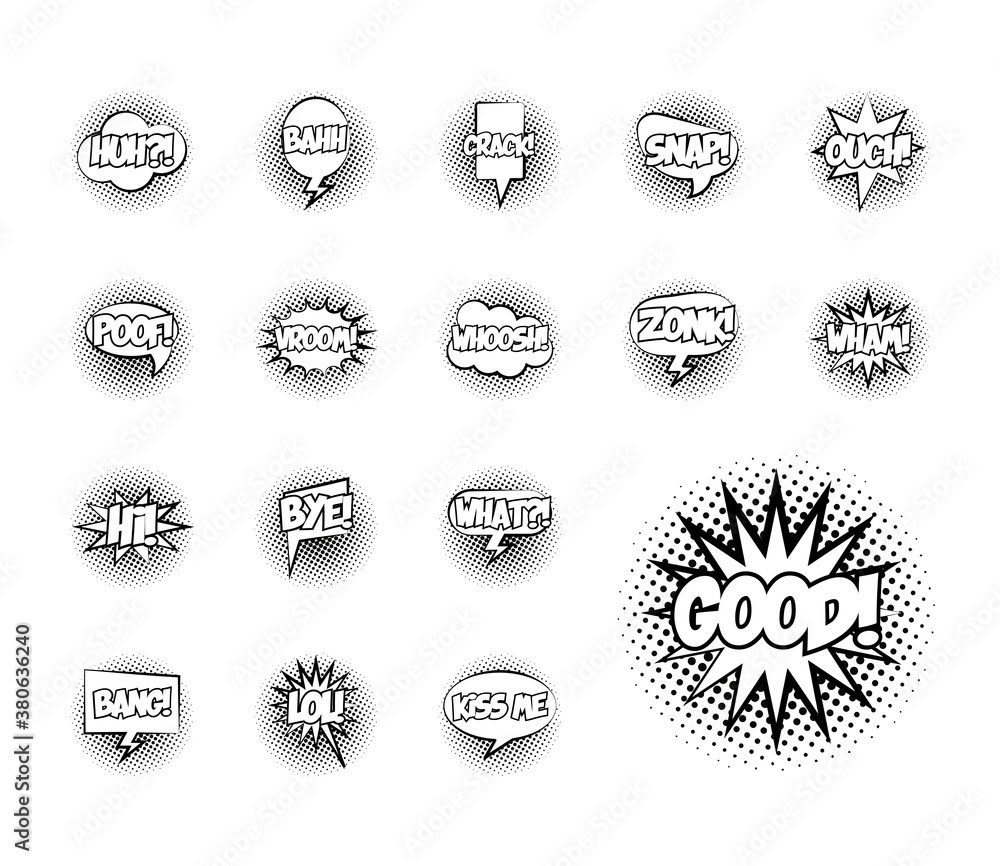 Poster bundle of speech bubbles with good word and words pop art line style