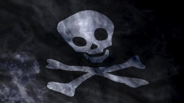 Waving the pirate flag. Mysterious flag flying through the smoke. The Pirate flag in the fog.