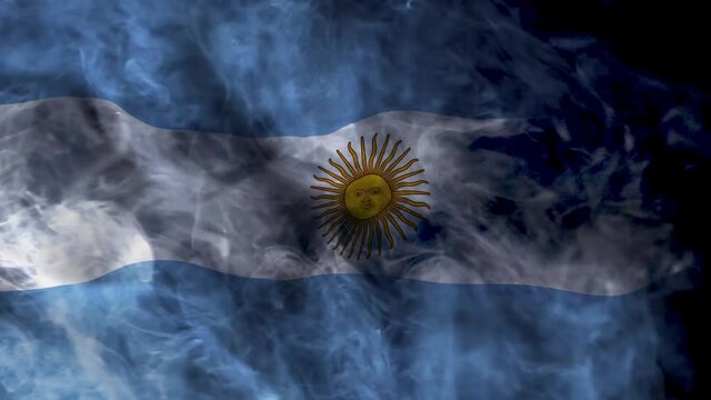 Waving the flag of Argentina. Mysterious flag flying through the smoke. Argentine flag in the fog.