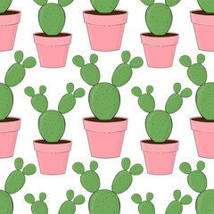 Seamless pattern cactus in pots vector illustration