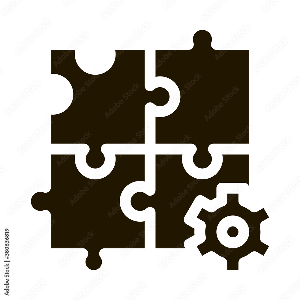 Poster puzzle game and gear agile element glyph icon . agile magnifier and document, sandglass and package,