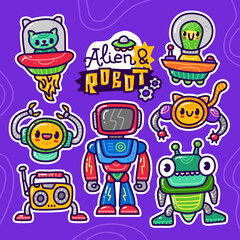 doodle collection set of alien and robot alien element