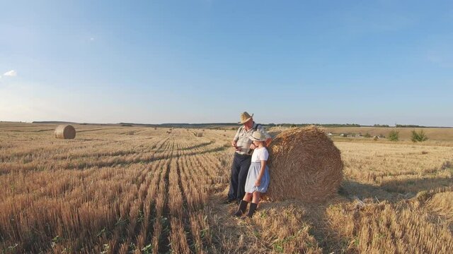 Grandfather and granddaughter walking across the field with haystacks. Farmer grandfather teaches the younger generation.