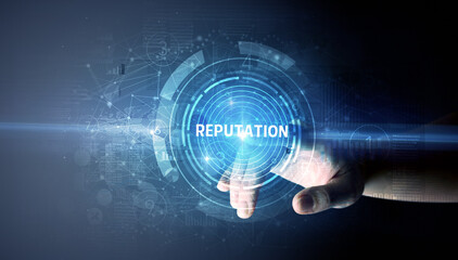 Hand touching REPUTATION button, modern business technology concept