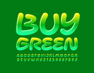 Vector creative emblem Buy Green. Glossy gradient Font. Creative Alphabet Letters and Numbers set