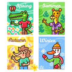 collection set of kawaii animal seasonal theme