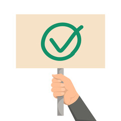 Hand holding placard with green check mark on it vector isolated. Make your choice concept. Positive answer, message on the board.