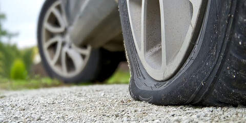 Close-up of Flat rear tire on car. The right rear broken weel. Damaged rear wheels on parking place.