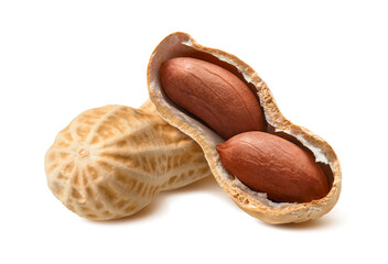 Whole and broken peanuts isolated on white background