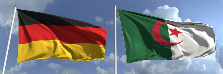 Waving flags of Germany and Algeria on flagpoles, 3d rendering