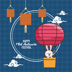 mid autumn celebration card with rabbit in balloon air hot and lanterns hanging