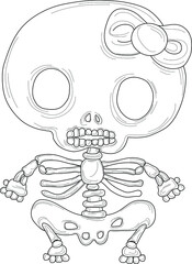 Spooky Halloween skeleton with bow template. Cute cartoon vector illustration sketch in black and white for games, background, pattern, decor. Print for fabrics. Coloring paper, page, story book