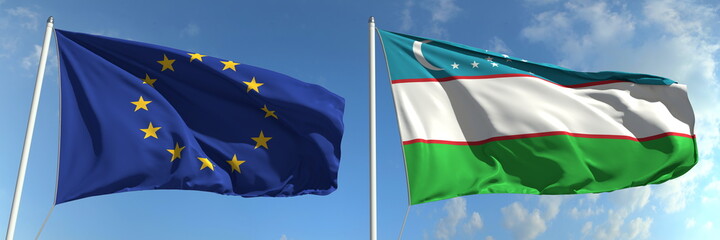 Flying flags of the European Union and Uzbekistan on high flagpoles. 3d rendering