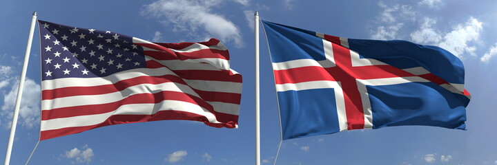 Obraz premium Flags of the USA and Iceland on flagpoles. 3d rendering