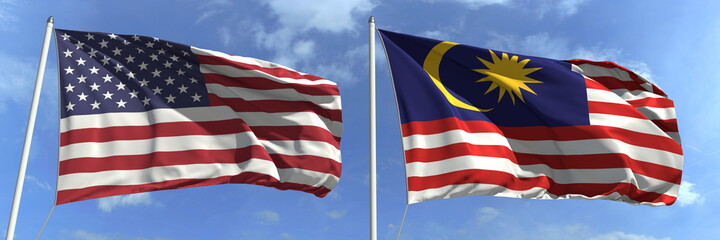 Flying flags of the USA and Malaysia on sky background, 3d rendering