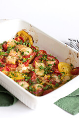 Baked Toasts with Tomatoes, Cheese and Parsley in Baking Form.   