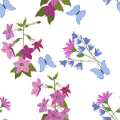 Seamless beautiful vector illustration with wildflowers and butterflies