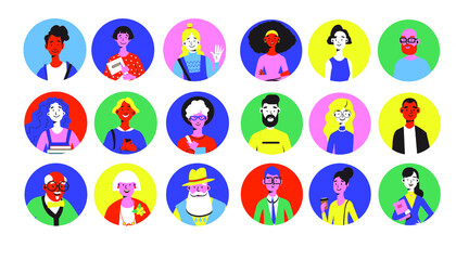 Big collection of avatars of young and elderly men and women. Bright people portraits set. Flat color trends vector illustration. 
