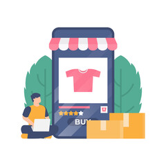 illustration of a man using a laptop and smartphone to shop for clothes or t-shirts at an online shop. e-commerce business concept. online shopping. flat design. can be used for elements, landing page