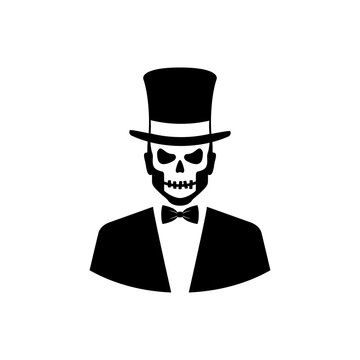 Feliz Halloween. D&iacute;a de los muertos. Baron Samedi. Vud&uacute;. Icono con esqueleto vestido con tux y chistera en color negro