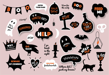 Happy Halloween. Speech bubbles set with text. Trick or treat, party, boo, wow, help, zombies, blood, bite etc. Vector illustration. Halloween design elements, logos, badges, labels, icons, objects.