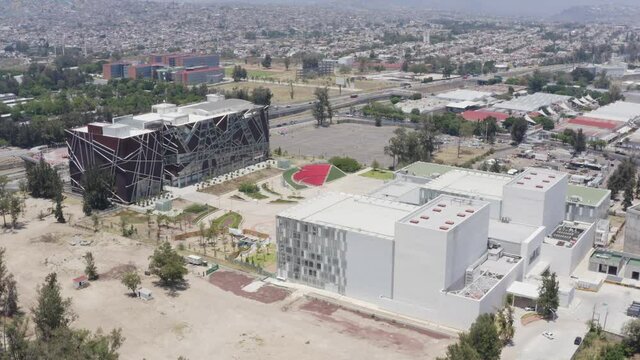 Aerial view of the Juan Jose Arreola Public State Library and the Scenic Arts Compound in Guadalajara Zapopan Jalisco Mexico.