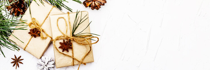 New Year or Christmas gifts with pine branches and cones as Zero waste concept
