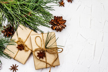 New Year or Christmas gifts with pine branches and cones as Zero waste concept