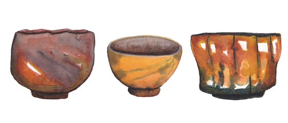 Chawan, original ceramic teabowls illustration, watercolor painting