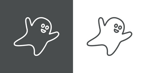Feliz Halloween. Logotipo lineal fantasma sonriente volador en fondo gris y fondo blanco