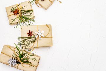 New Year or Christmas gifts with pine branches and cones as Zero waste concept