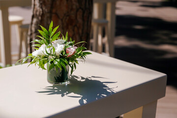 close up flowers on wooden table