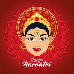 happy navratri celebration card with beautiful goddess in red background
