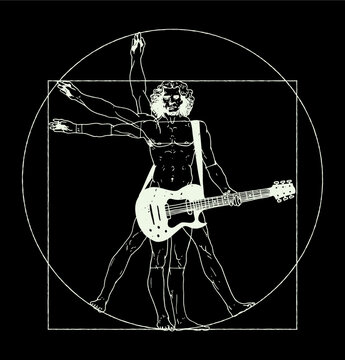 Da Vinci man playing rock guitar. Vitruvian man rock music t-shirt print vector illustration.