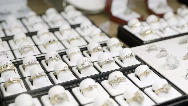 Assortment of Engagement Rings in Jewelry Display Case, Closeup