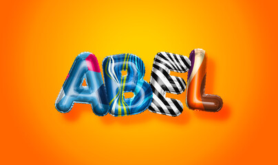 Abel male name, colorful letter balloons background